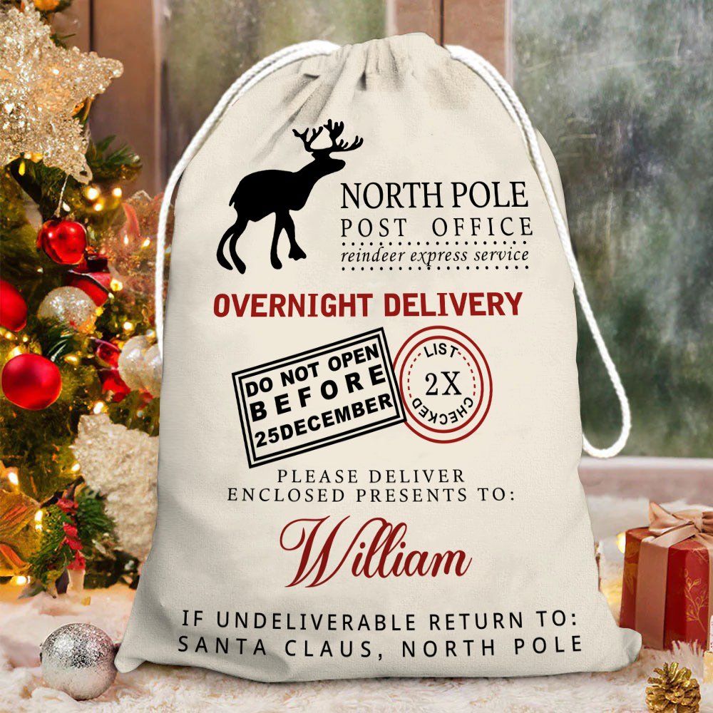 Custom Name North Pole Post Office Santa Gift Bag - Personalized Santa Sack - Christmas Gift For Family, Kids, Grandkids