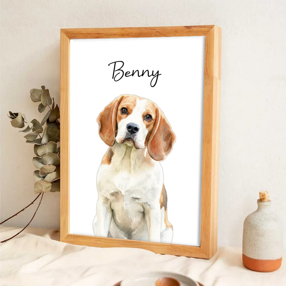 Personalized Custom Photo Realistic Watercolor Art Dog Cat Pet canvas print, leaning against a wall on a wooden floor