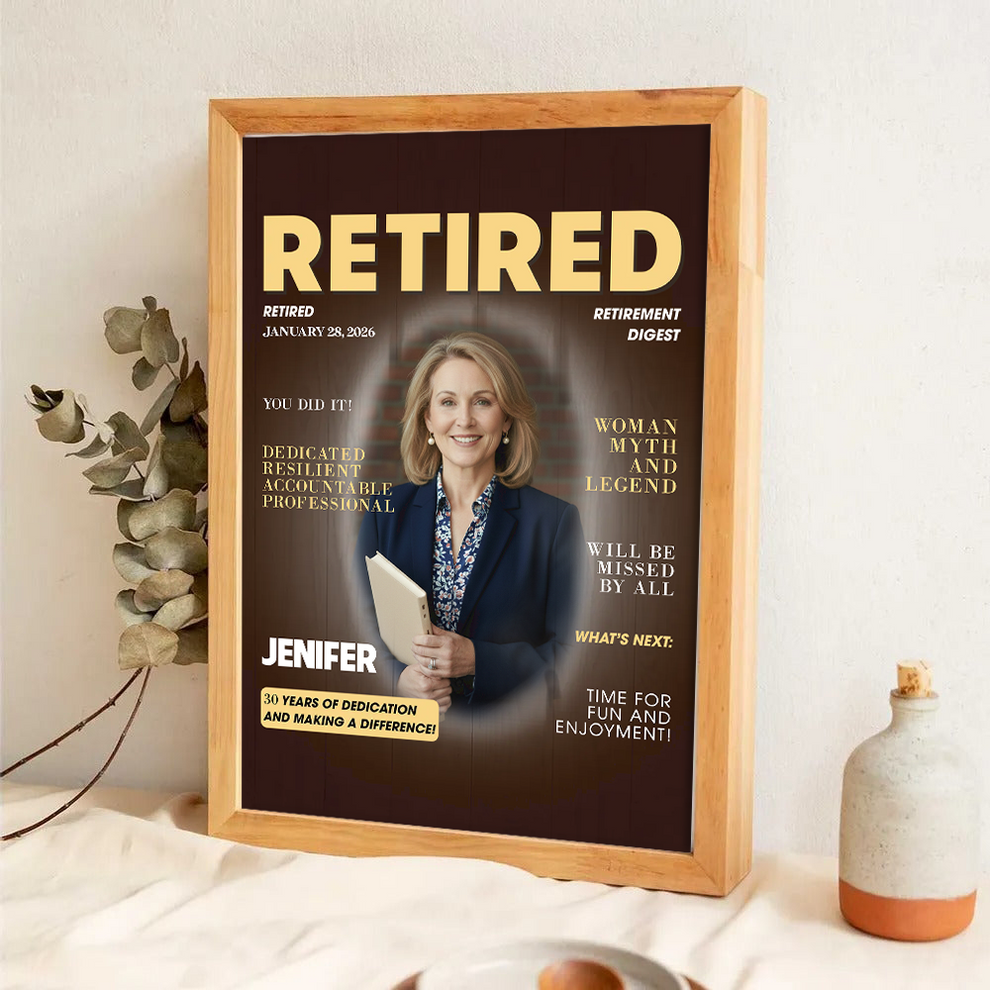 Custom Photo Retired Magazine poster, leaning against a wall on a wooden floor