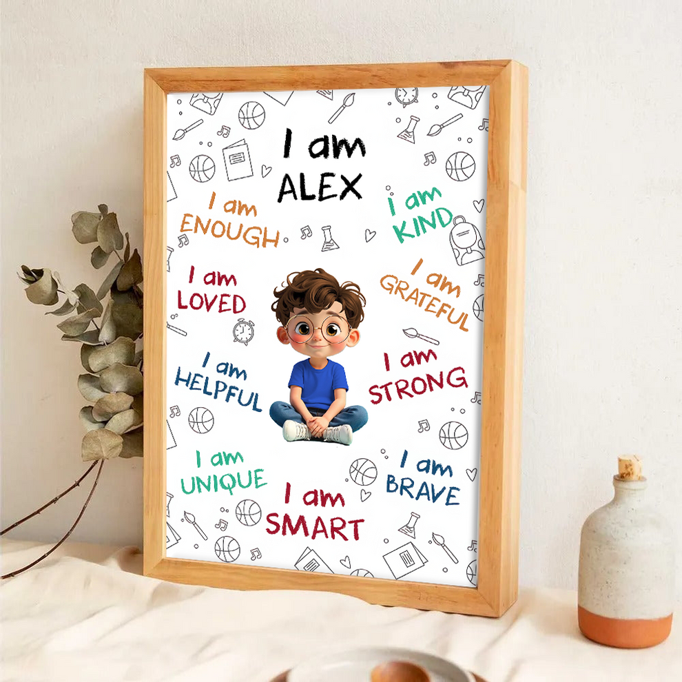 Personalized I Am Enough, Loved, Helpful, Unique, Smart canvas print, leaning against a wall on a wooden floor