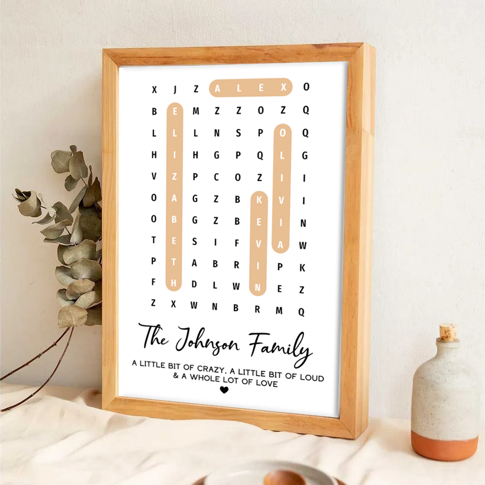 Personalized Family Name Word Search Puzzle Created In A Moment canvas print, leaning against a wall on a wooden floor