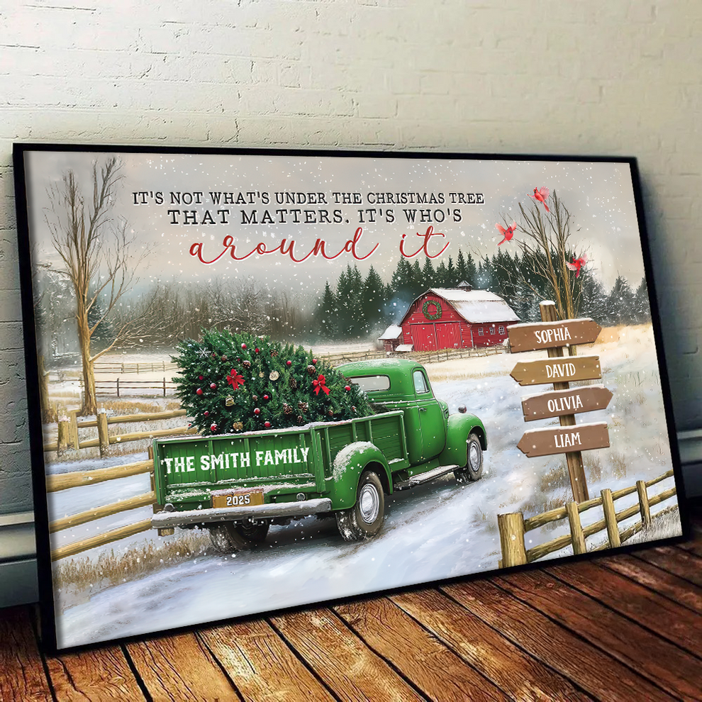 Personalized All Hearts Come Home For Christmas poster, leaning against a wall on a wooden floor