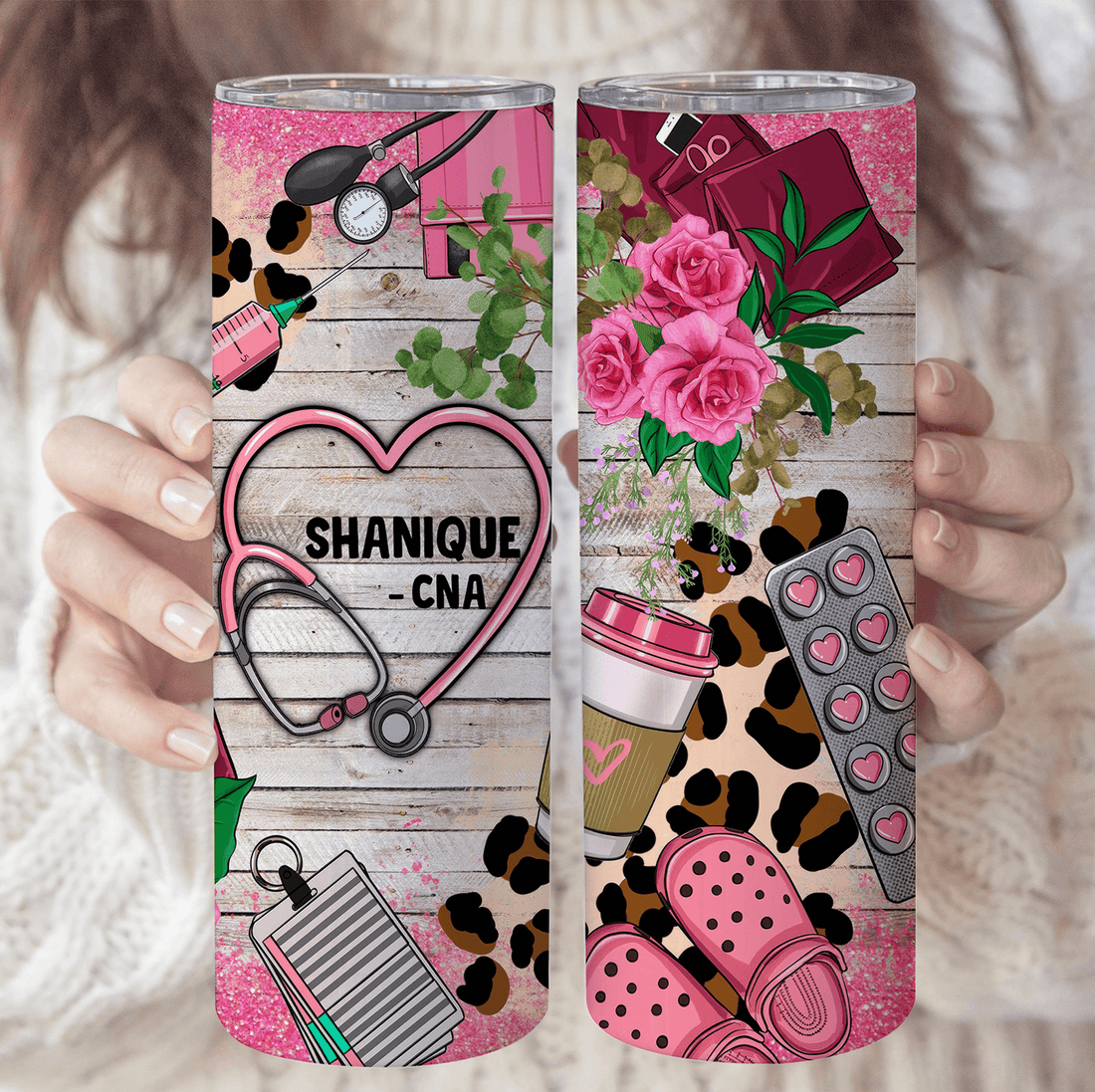 Personalized Pink Leopard Prints Lace Floral Nurse skinny tumbler, alternate view 2
