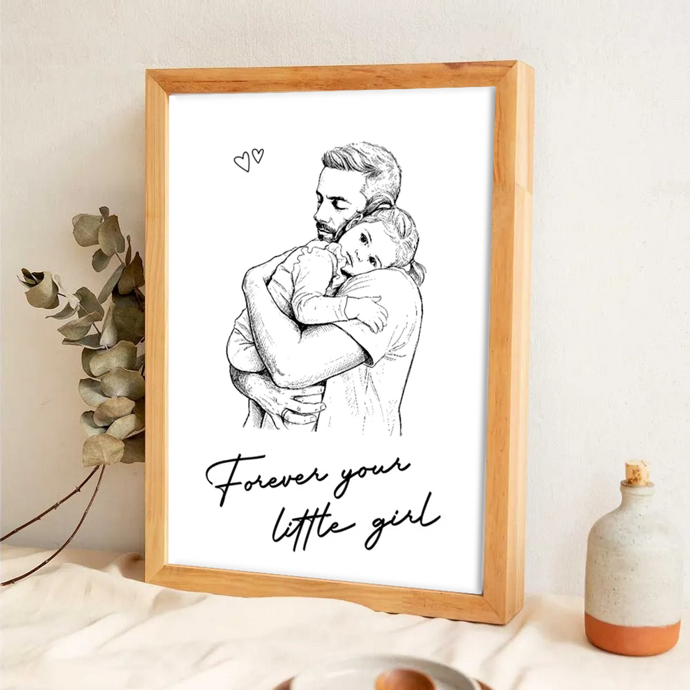 Custom Photo Daddy I Love You poster, leaning against a wall on a wooden floor