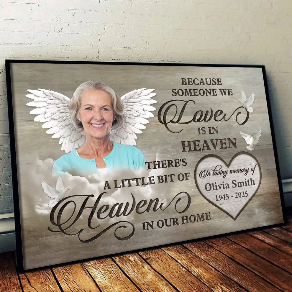 Personalized Custom Photo Love Is In Heaven Loss Of Mom canvas print, leaning against a wall on a wooden floor