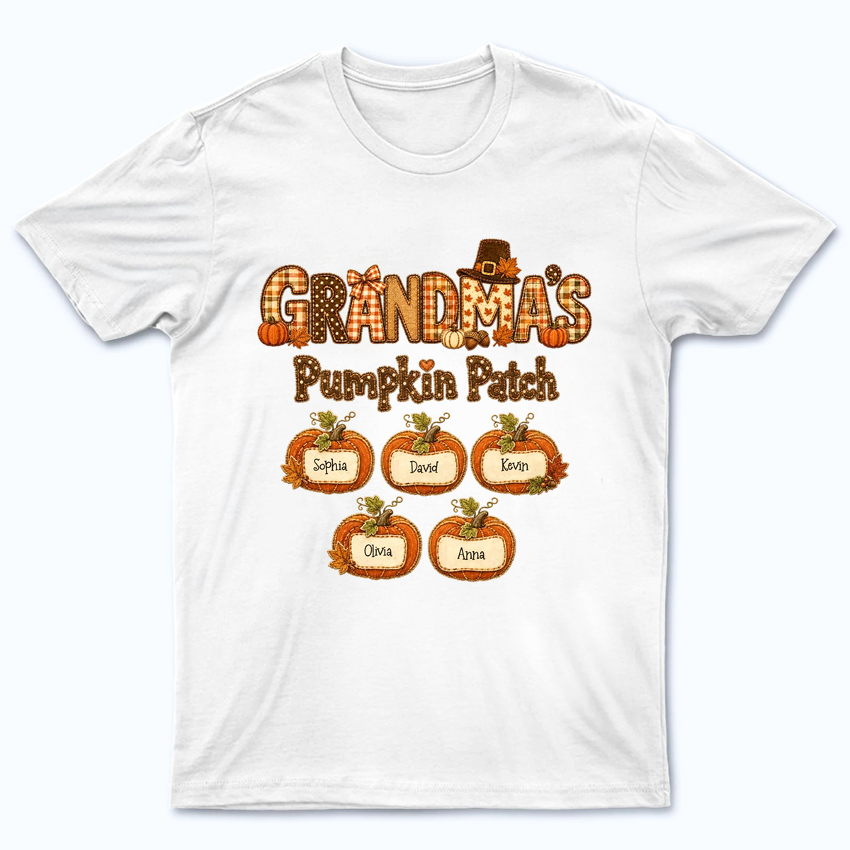 Grandma's Pumpkin Patch Fall Patchwork Pattern - Personalized Custom T Shirt - Fall Season, Halloween Gift for Grandma/Nana/Mimi, Mom, Wife