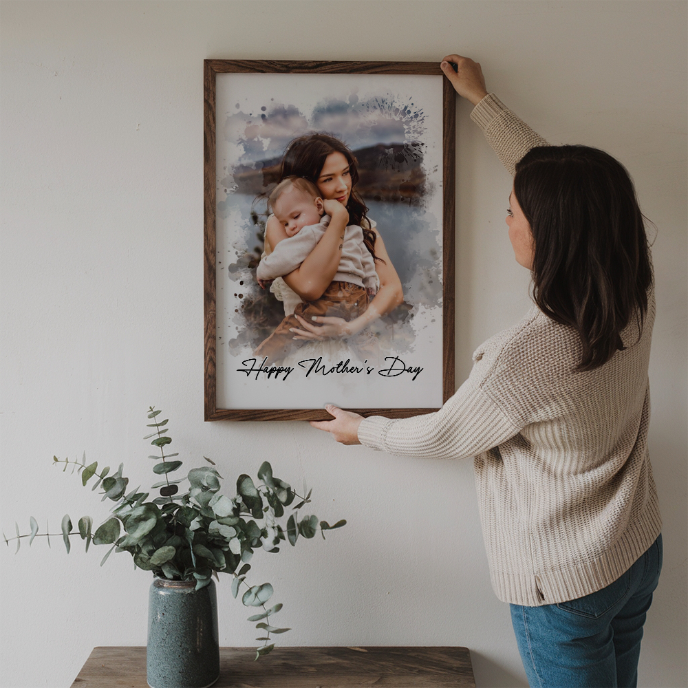 Custom Photo Watercolor Mom Portrait poster, framed in a bright living room