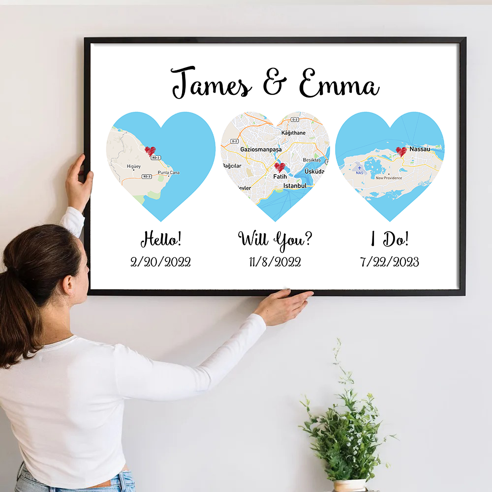 Personalized Hello canvas print, a woman hanging the framed print on a wall