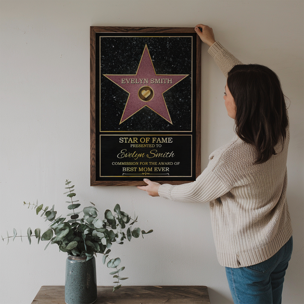 Personalized Mom or Grandma's Custom Star of Fame Canvas Print, framed in a bright living room