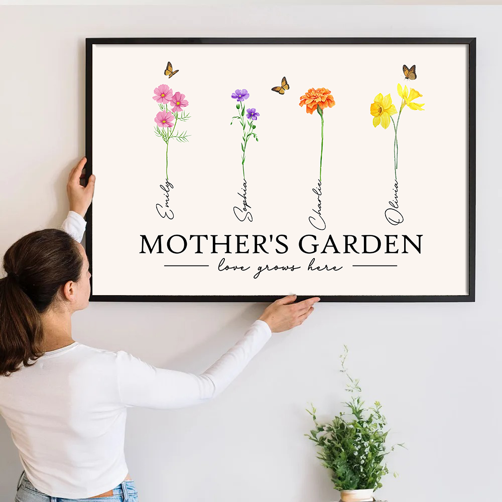 Mother's Garden Love Grows Here Watercolor Birth Month Flower - Personalized Poster/Canvas Prints - Gift For Grandma, Mom