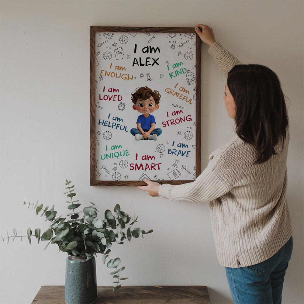 Personalized I Am Enough, Loved, Helpful, Unique, Smart canvas print, framed in a bright living room