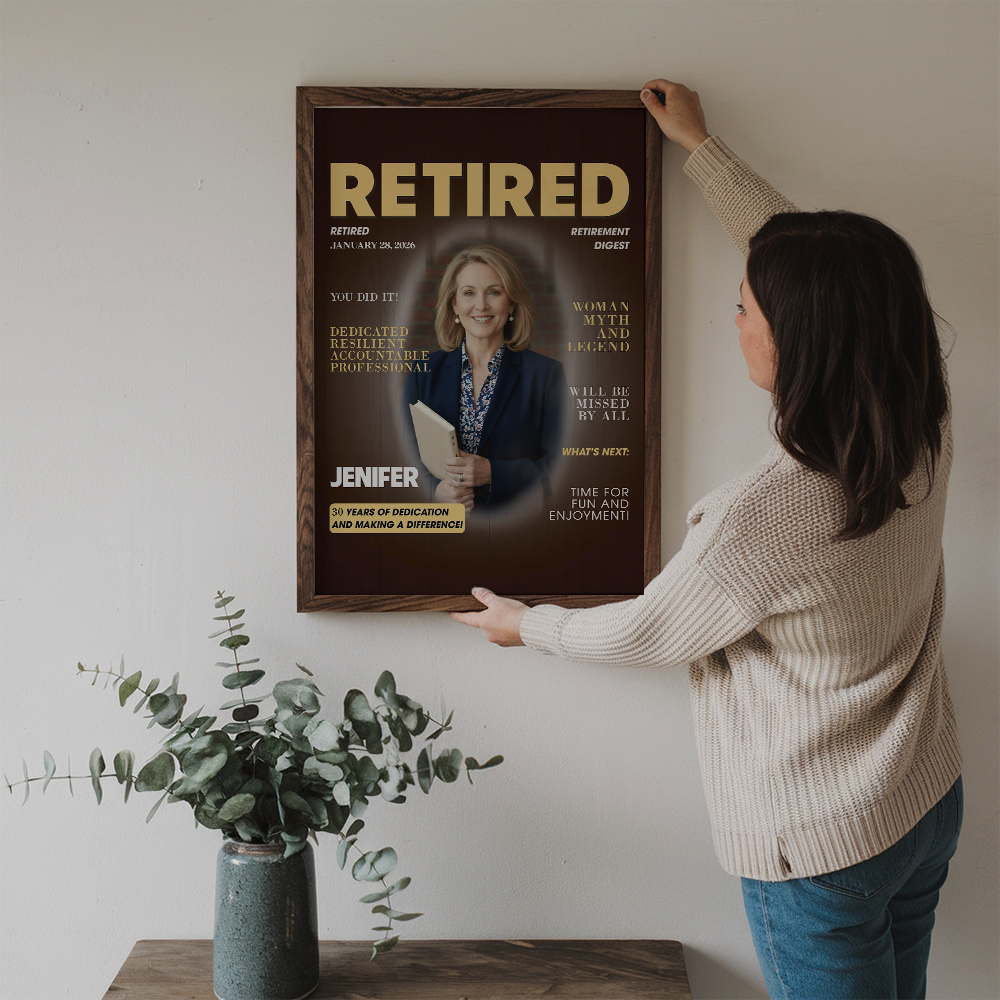 Custom Photo Retired Magazine poster, framed in a bright living room
