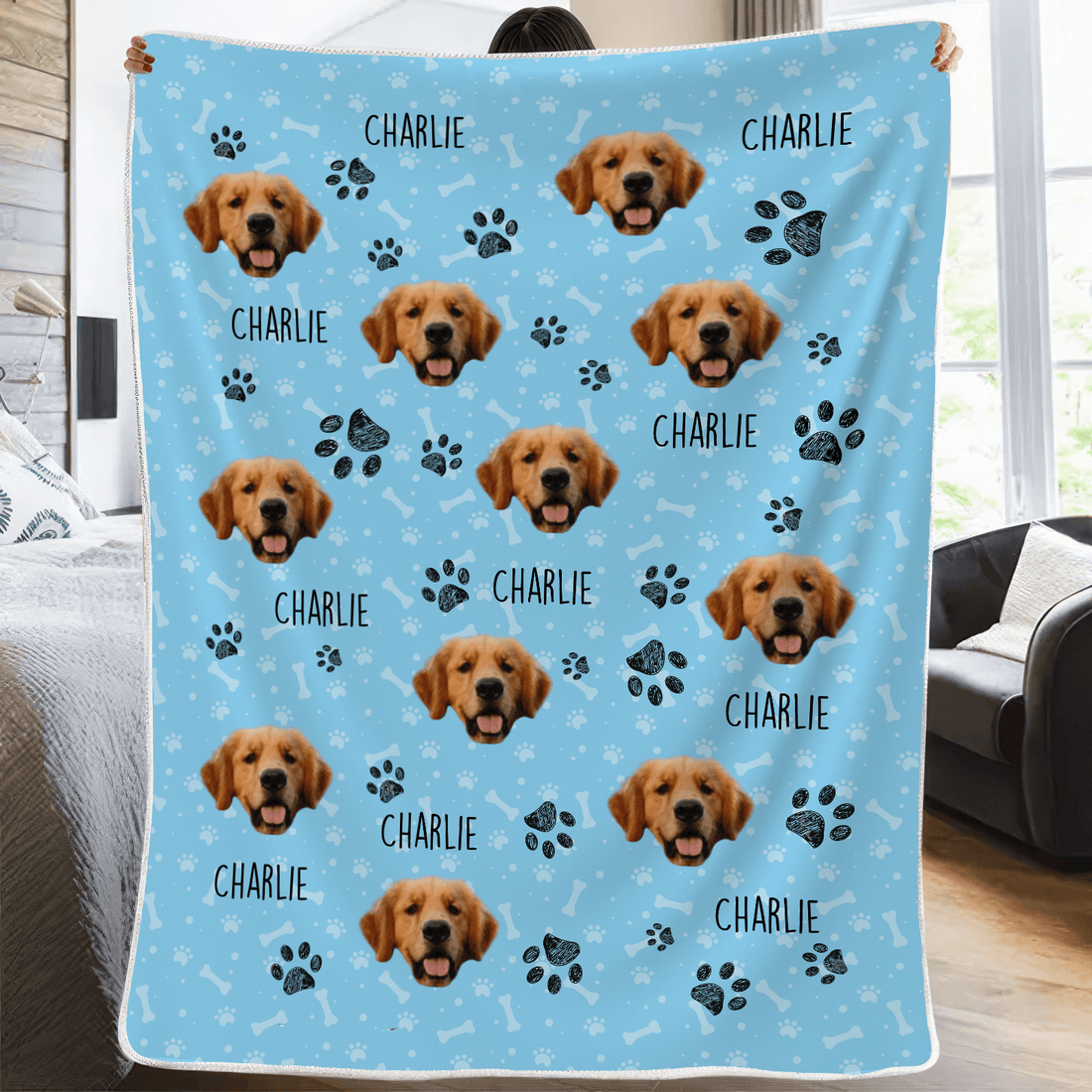 Personalized Custom Photo Colorful Upload Pet Image fleece blanket, held up in a bright room