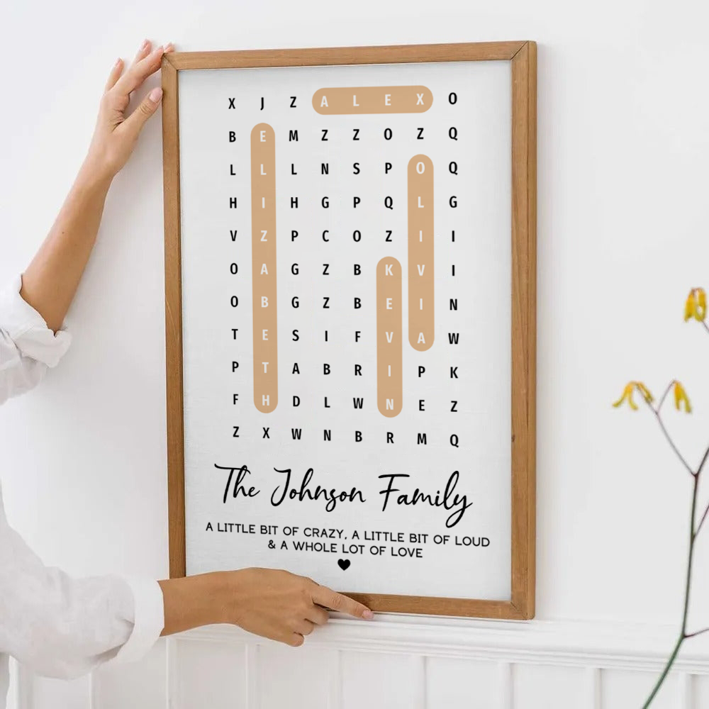 Personalized Family Name Word Search Puzzle Created In A Moment canvas print, framed in a bright living room