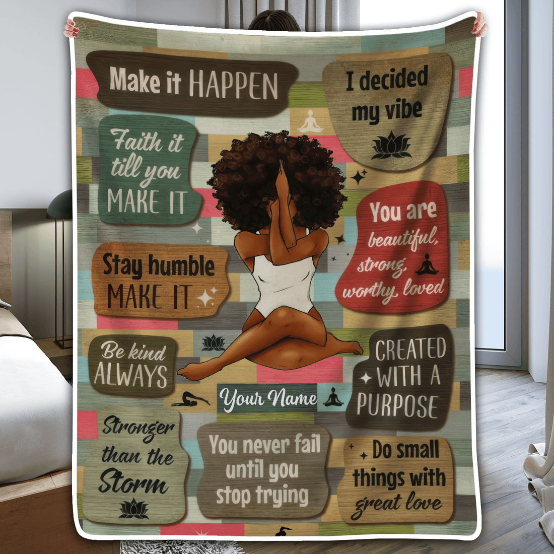 Personalized I Am Black Woman fleece blanket, held up in a bright room