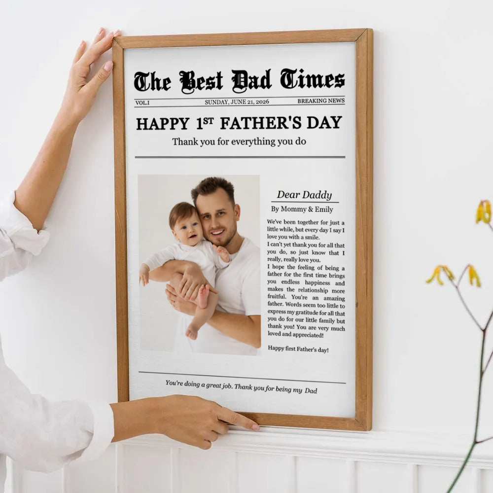 Personalized Happy 1st Father's Day Thank You For Everything poster, framed in a bright living room
