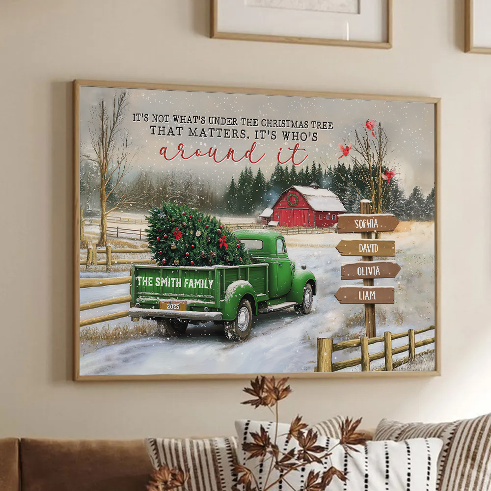 Personalized All Hearts Come Home For Christmas poster, framed in a bright living room
