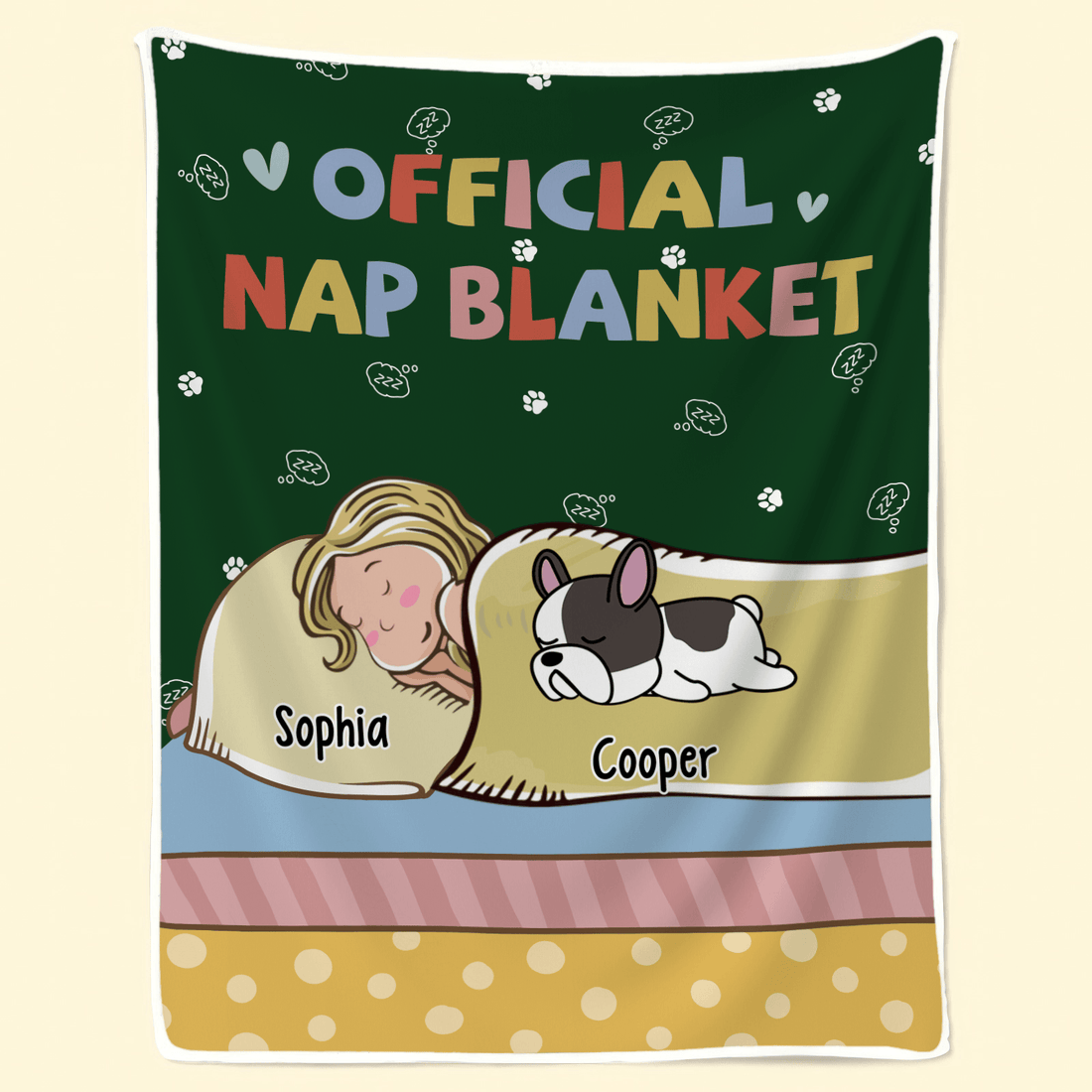 Personalized Official Nap Blanket fleece blanket, held up in a bright room