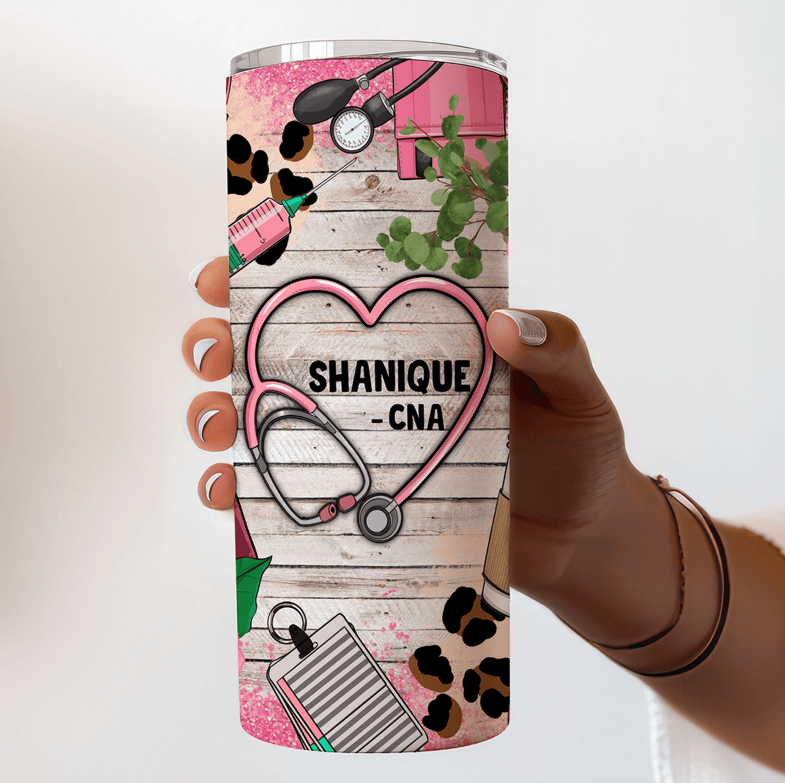 Personalized Pink Leopard Prints Lace Floral Nurse skinny tumbler, alternate view 3