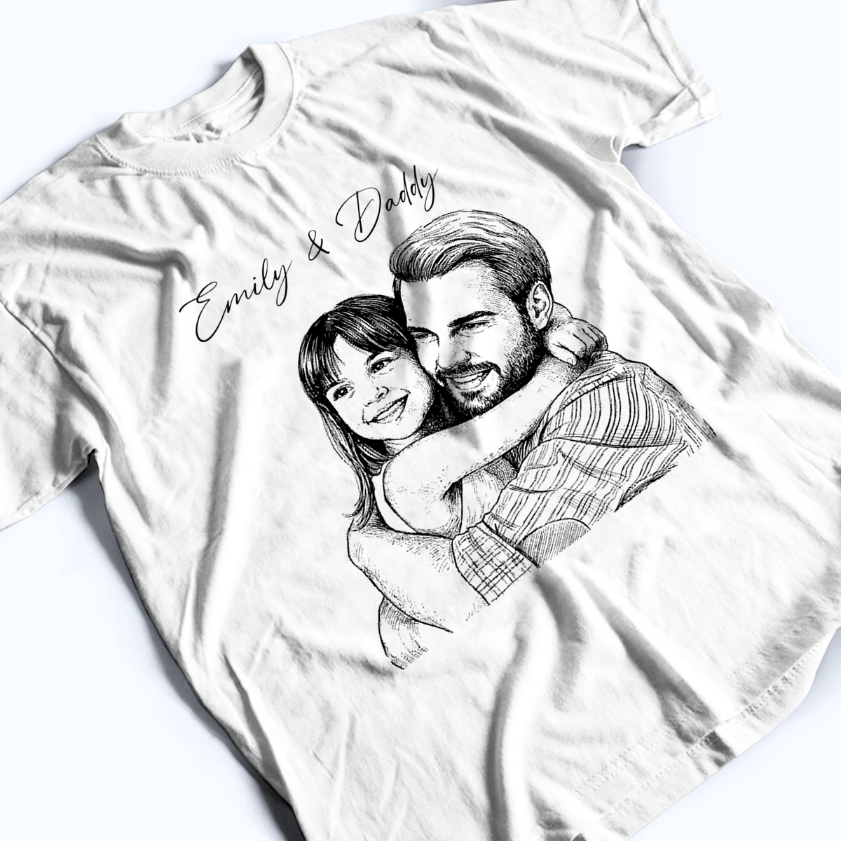 Custom Photo Sketch Line Art Dad & Kids - Personalized Custom Shirt - Father's Day Gift For Husband, Dad, Daddy