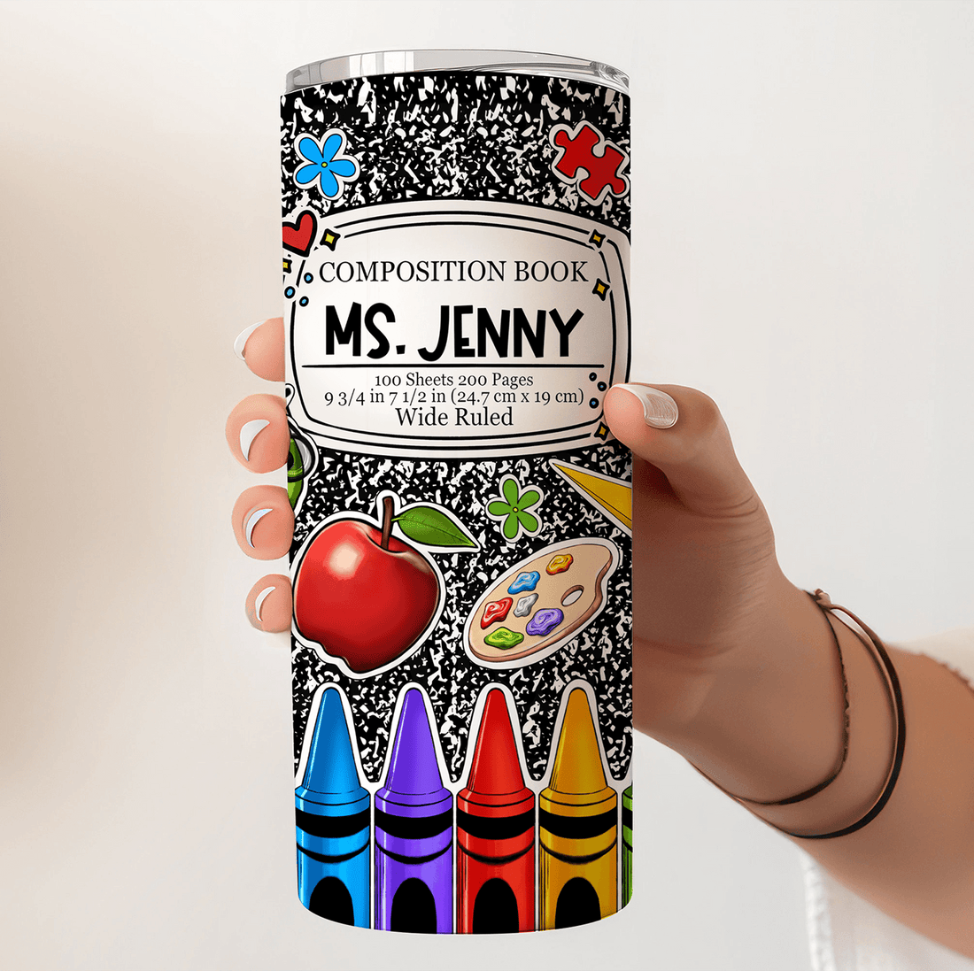 Personalized Composition Book Tumbler For Teachers skinny tumbler, alternate view 3
