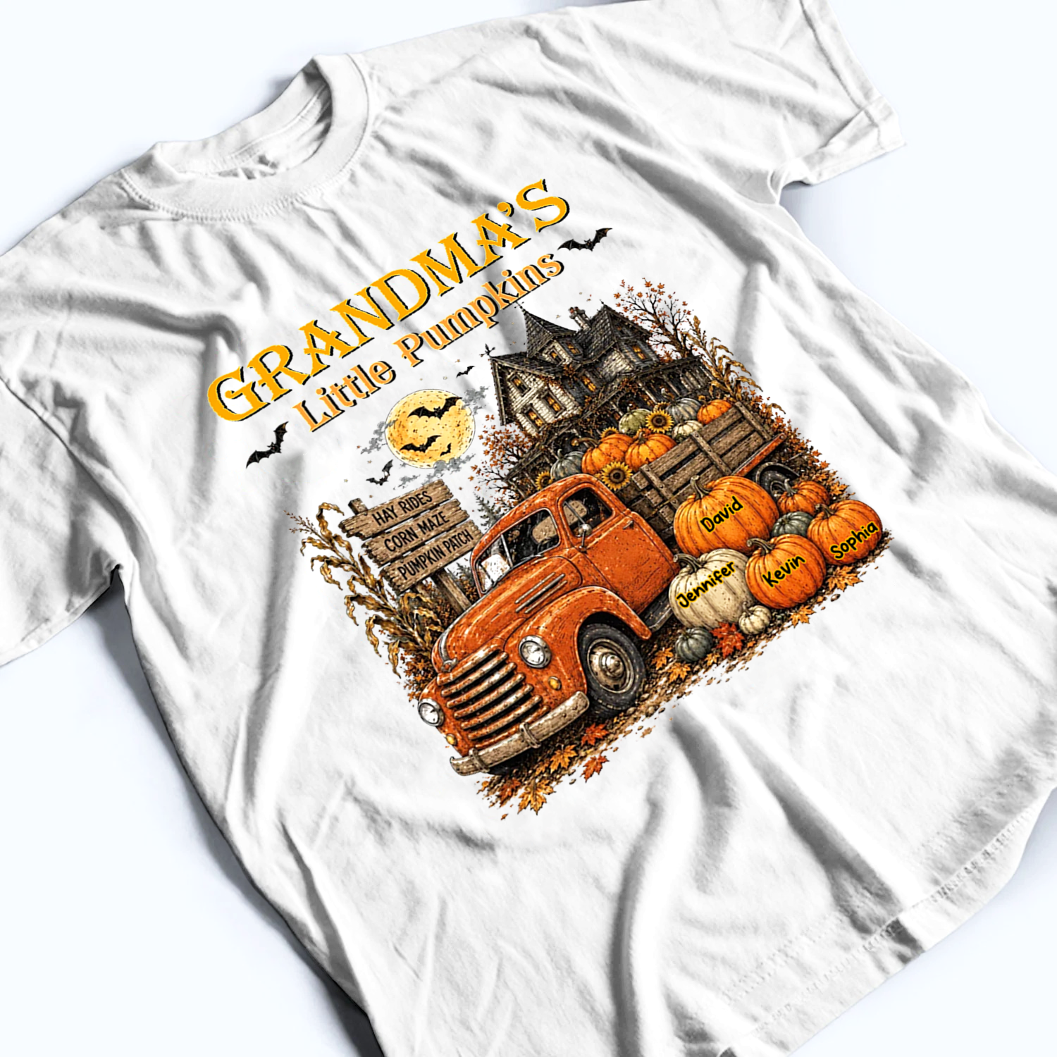 Retro Vintage Farmhouse Grandma's Little Pumpkins Truck - Personalized Custom T Shirt - Fall Season, Halloween Gift for Grandma/Nana/Mimi, Mom, Wife
