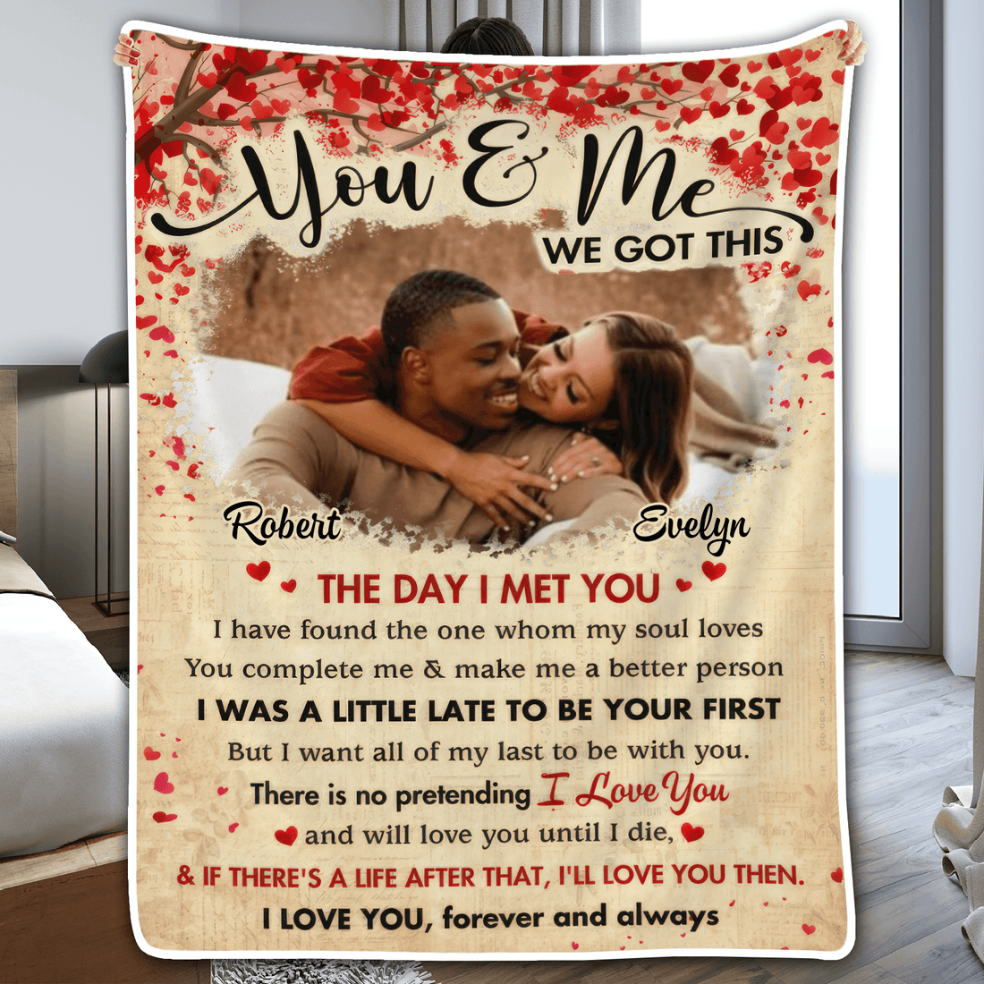 Personalized Custom Photo You & Me We Got This fleece blanket, held up in a bright room