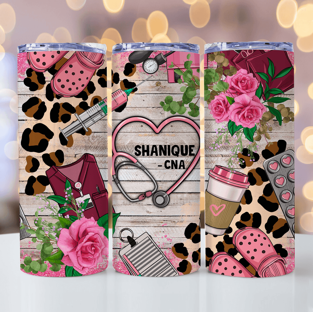 Personalized Pink Leopard Prints Lace Floral Nurse skinny tumbler, alternate view 4