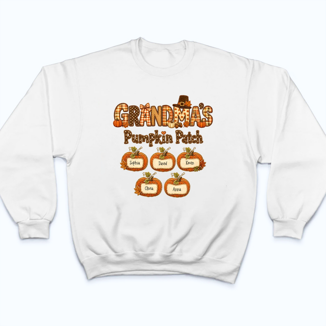 Grandma's Pumpkin Patch Fall Patchwork Pattern - Personalized Custom T Shirt - Fall Season, Halloween Gift for Grandma/Nana/Mimi, Mom, Wife