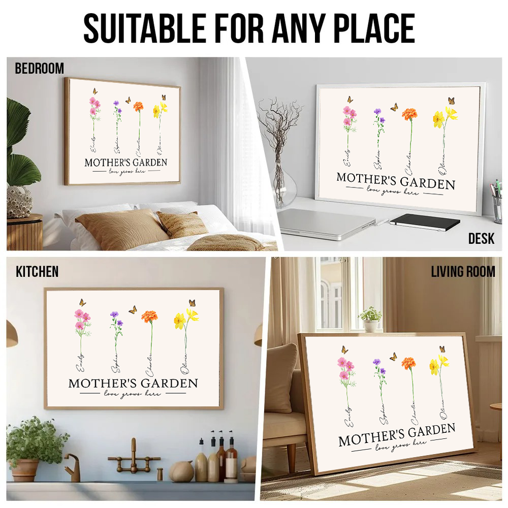 Mother's Garden Love Grows Here Watercolor Birth Month Flower - Personalized Poster/Canvas Prints - Gift For Grandma, Mom
