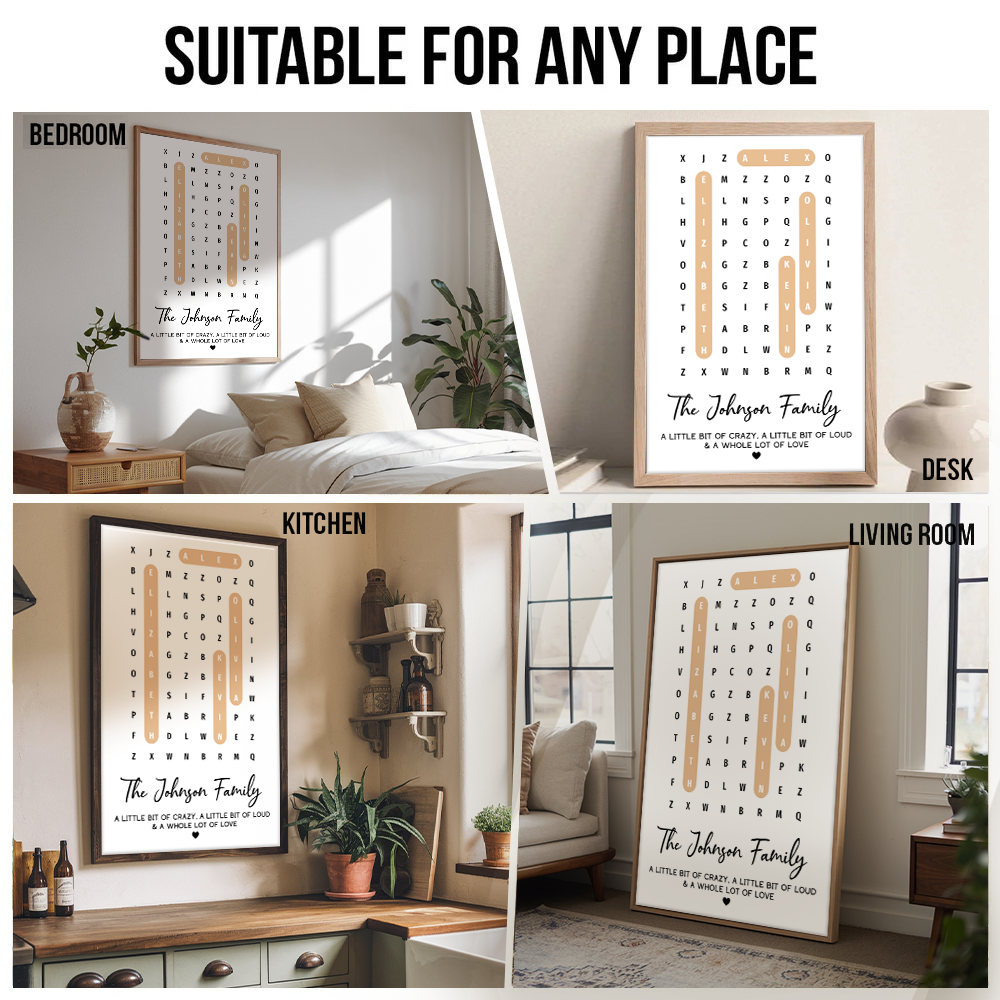 Personalized Family Name Word Search Puzzle Created In A Moment canvas print, room placement ideas for bedroom, desk