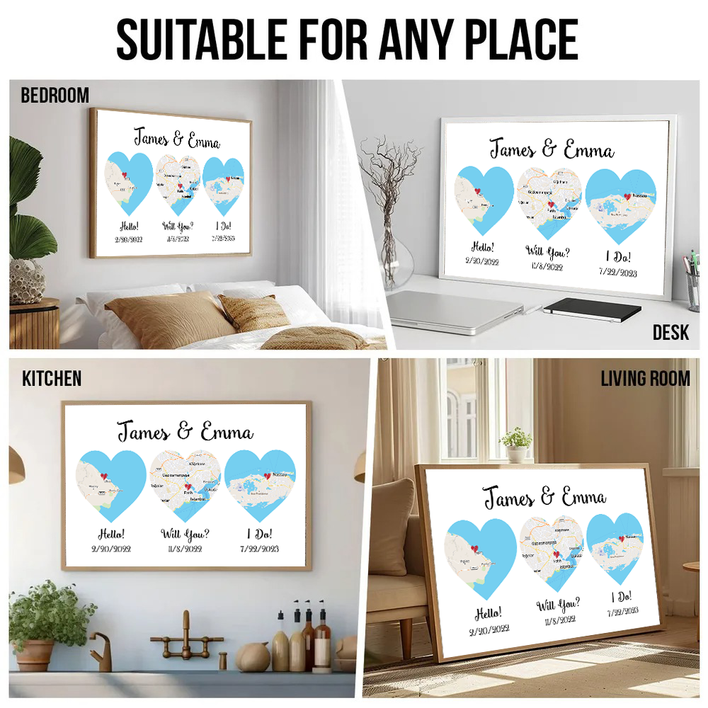 Personalized Hello canvas print, room placement ideas for bedroom, desk, kitchen and living room