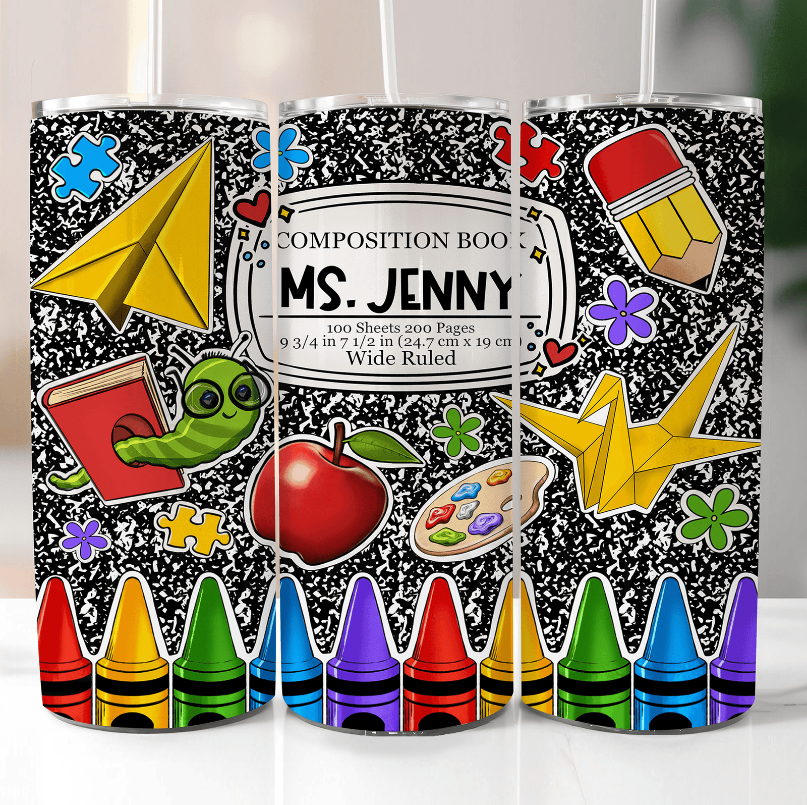 Composition Book Tumbler For Teachers - Personalized Custom 20oz Skinny Tumbler Cup - Back To School/ First Day Of School, Loving, Funny Gift for Teacher, Kindergarten, Preschool, Pre K, Paraprofessional - Suzitee Store