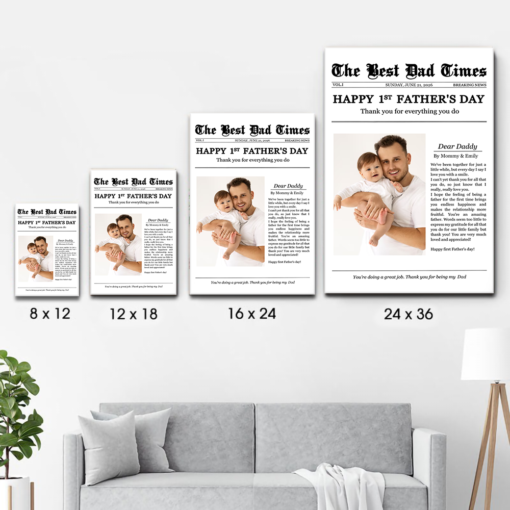 Personalized Happy 1st Father's Day Thank You For Everything poster, size options shown on a sofa wall