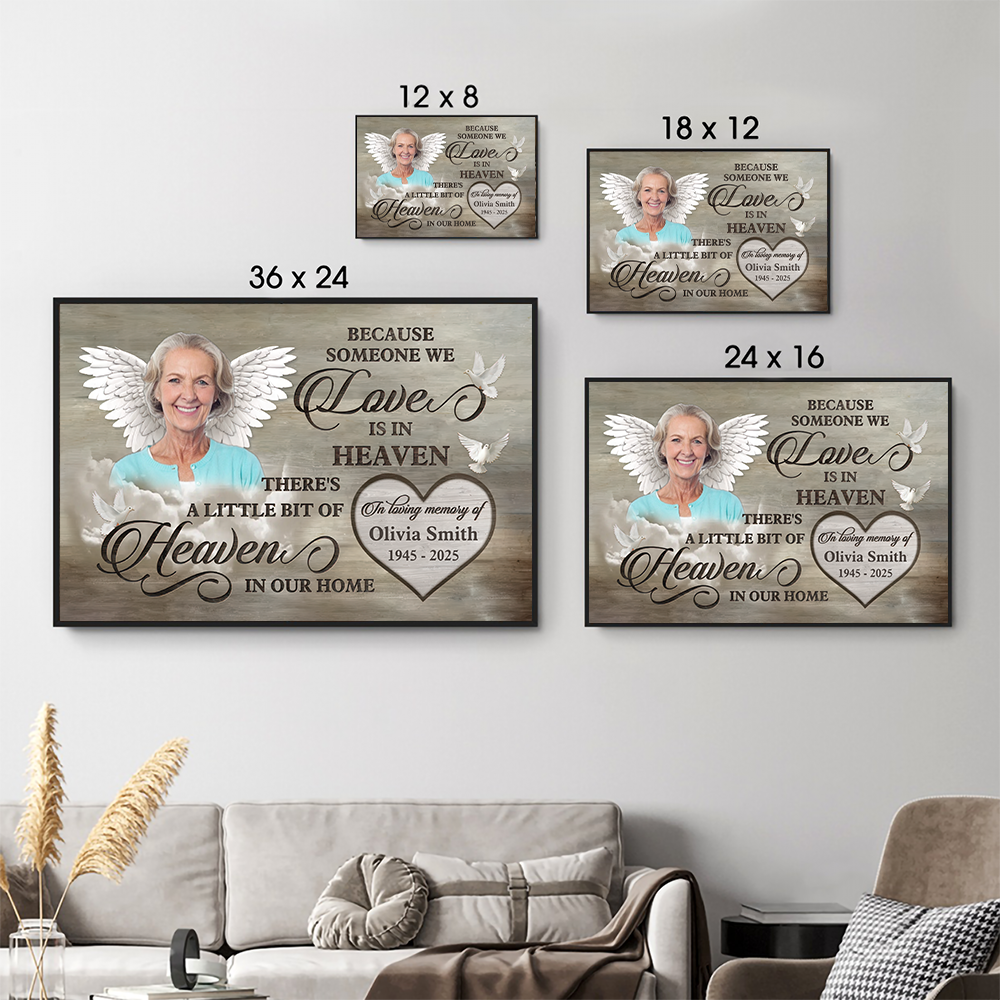Personalized Custom Photo Love Is In Heaven Loss Of Mom canvas print, size options shown on a sofa wall