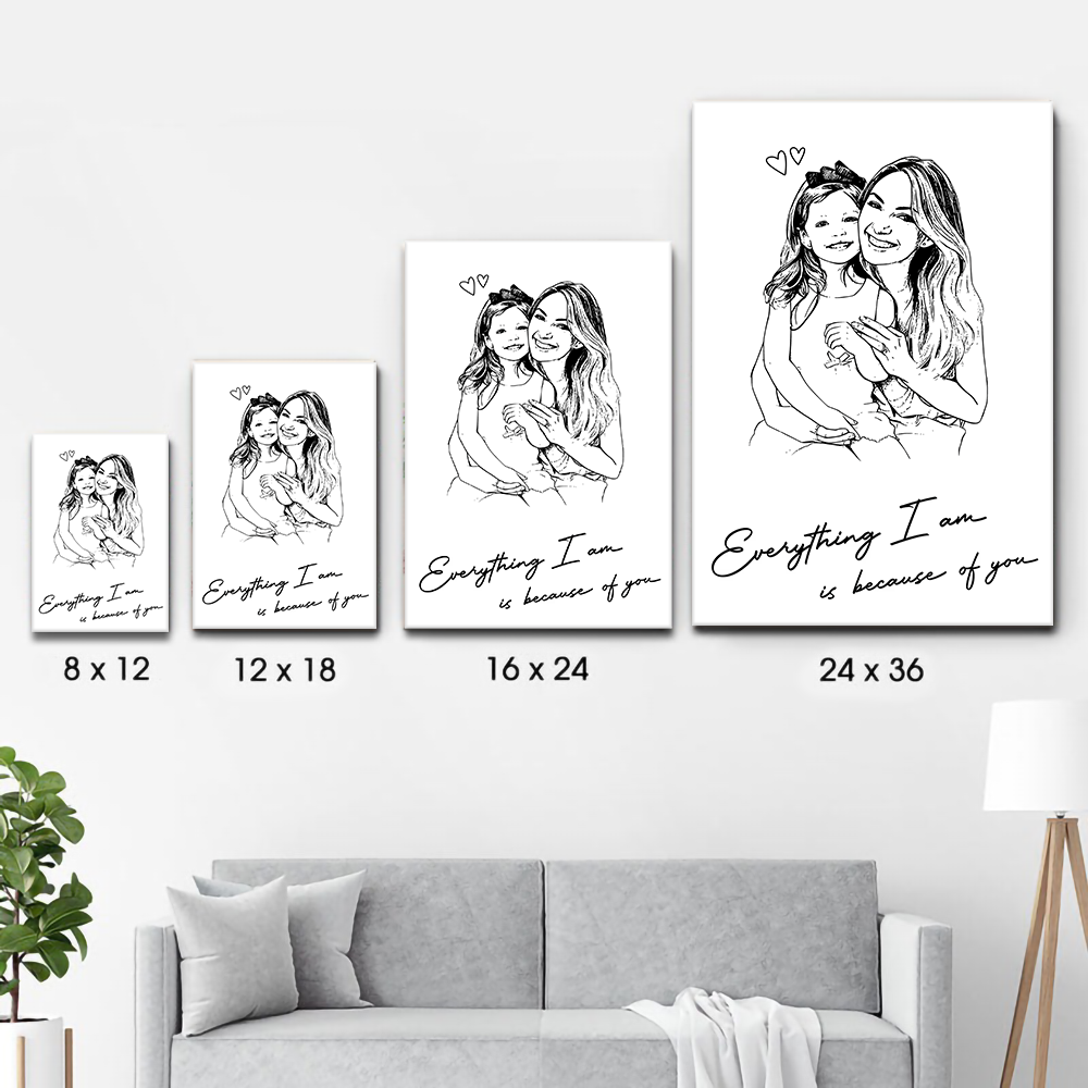 Custom Photo Mom Everything I Am Is Because Of You poster, size options shown on a sofa wall