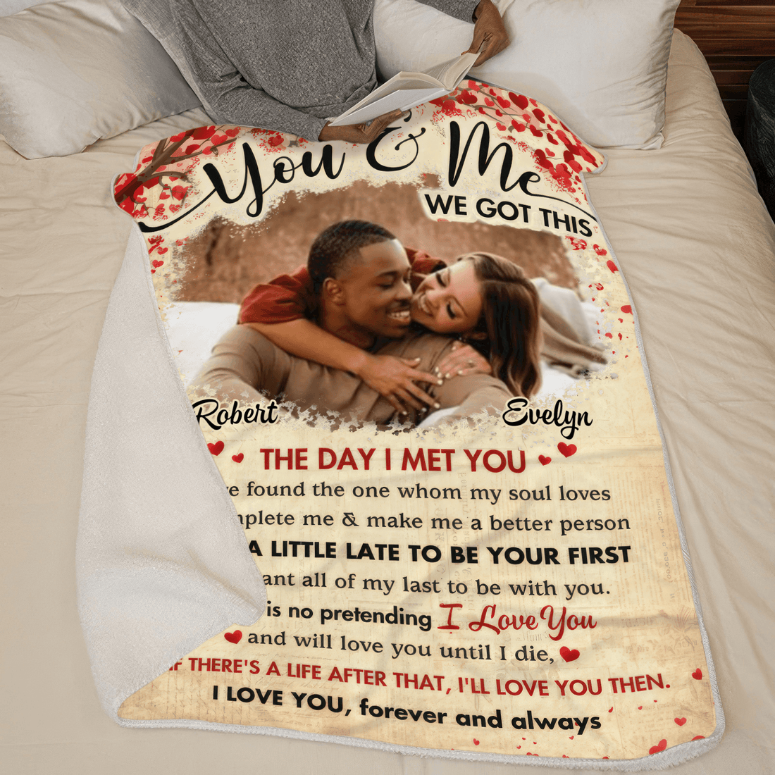 Personalized Custom Photo You & Me We Got This fleece blanket, sherpa reverse side folded back