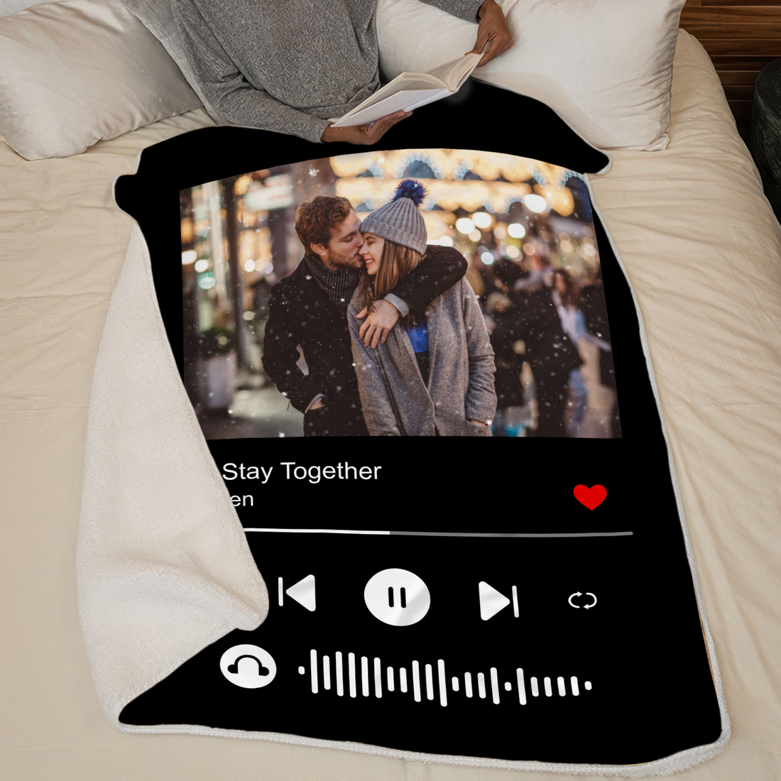 Personalized Wife or Husband's Custom Song Blanket fleece blanket, spread across a bed