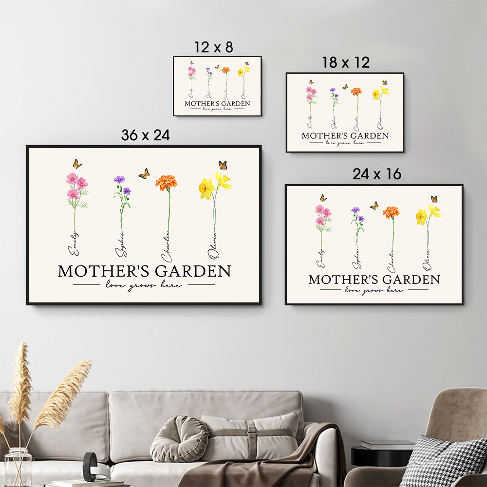 Mother's Garden Love Grows Here Watercolor Birth Month Flower - Personalized Poster/Canvas Prints - Gift For Grandma, Mom