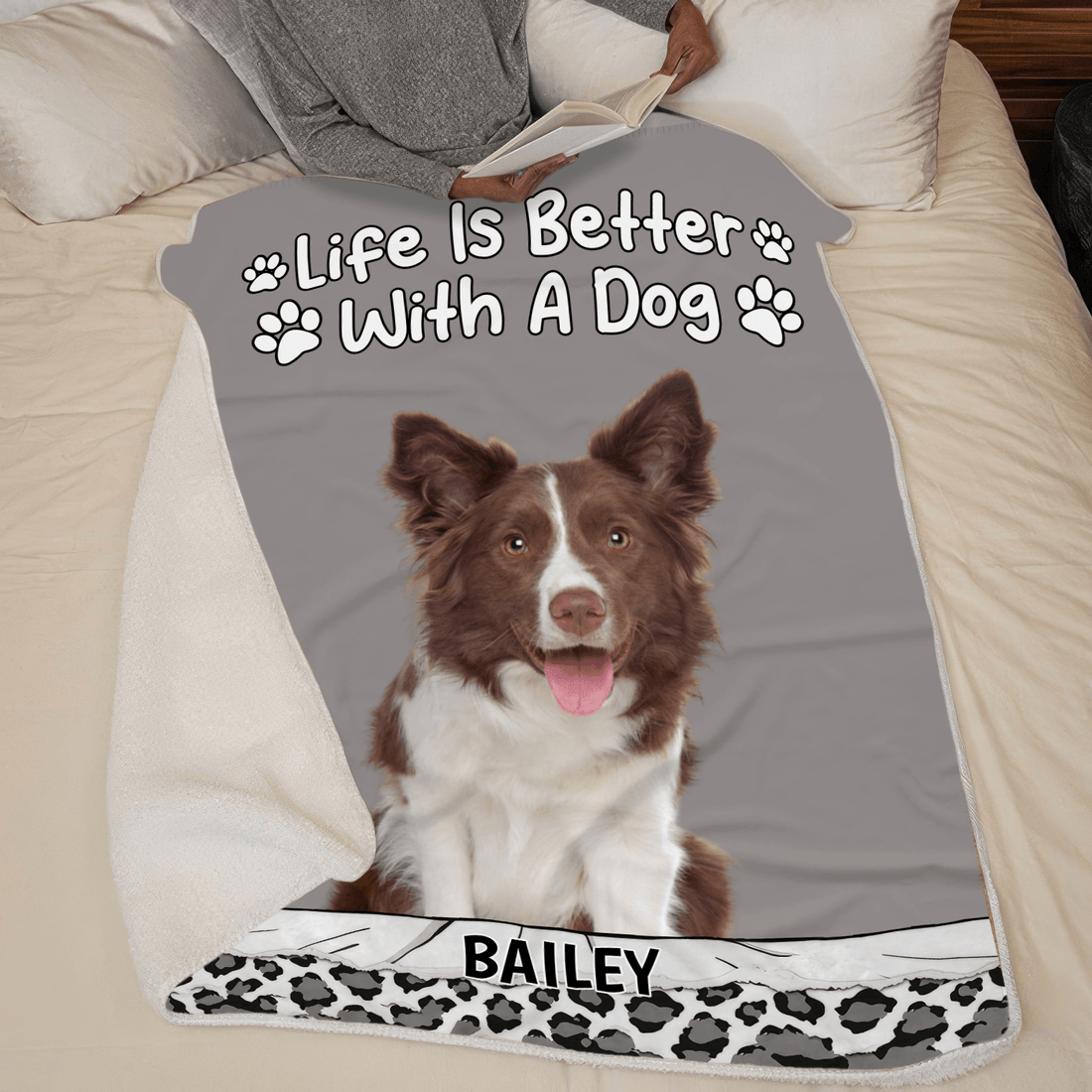 Personalized Custom Photo Life Is Better With Dog Cat fleece blanket, spread across a bed