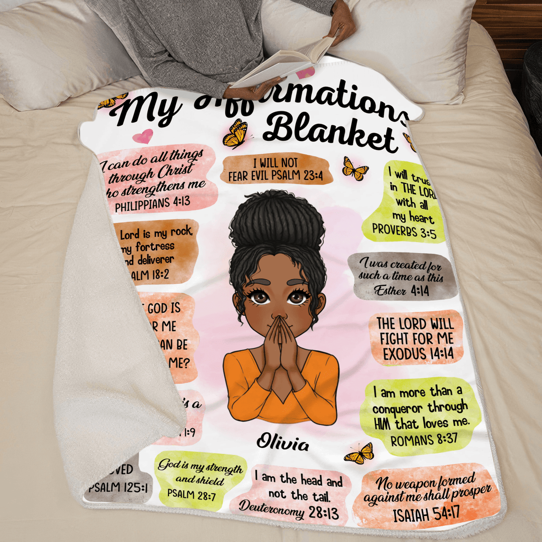 Personalized My Affirmations fleece blanket, spread across a bed