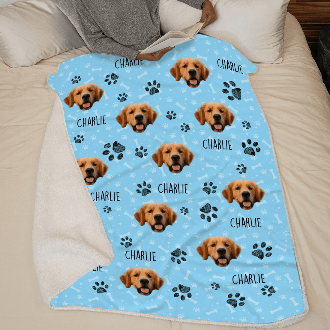 Personalized Custom Photo Colorful Upload Pet Image fleece blanket, sherpa reverse side folded back