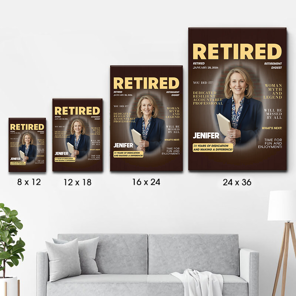 Custom Photo Retired Magazine poster, size options shown on a sofa wall