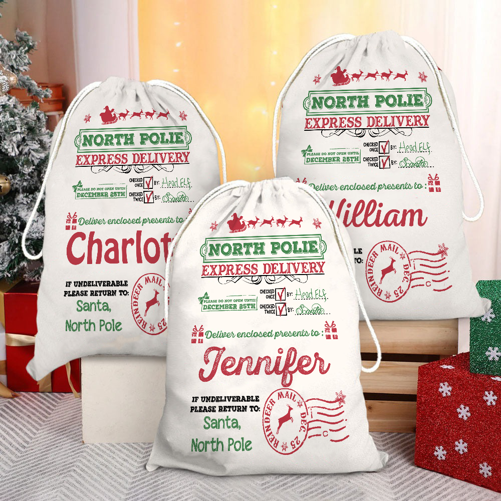 Custom Name North Pole Santa Gift Bag - Personalized Santa Sack - Christmas Gift For Family, Kids, Grandkids