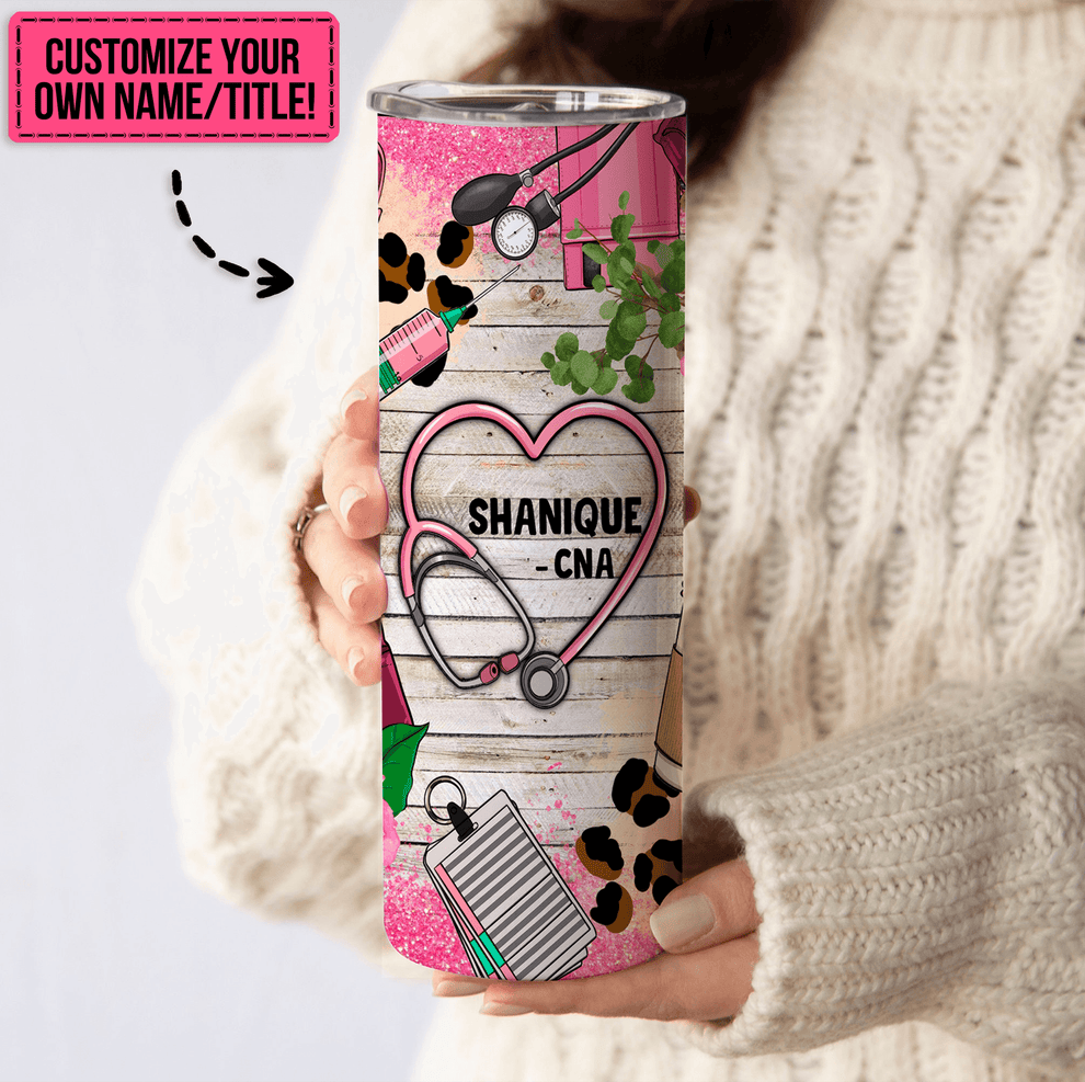 Personalized Pink Leopard Prints Lace Floral Nurse skinny tumbler, main view