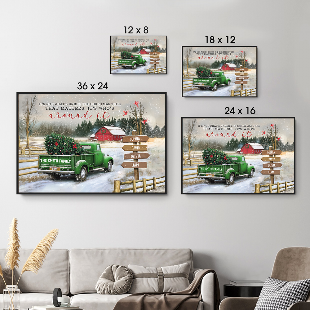 Personalized All Hearts Come Home For Christmas poster, size options shown on a sofa wall