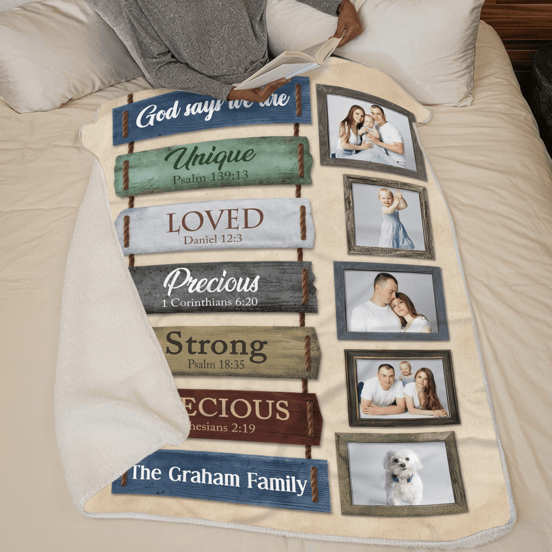 Personalized Photo Blanket for Family fleece blanket, spread across a bed