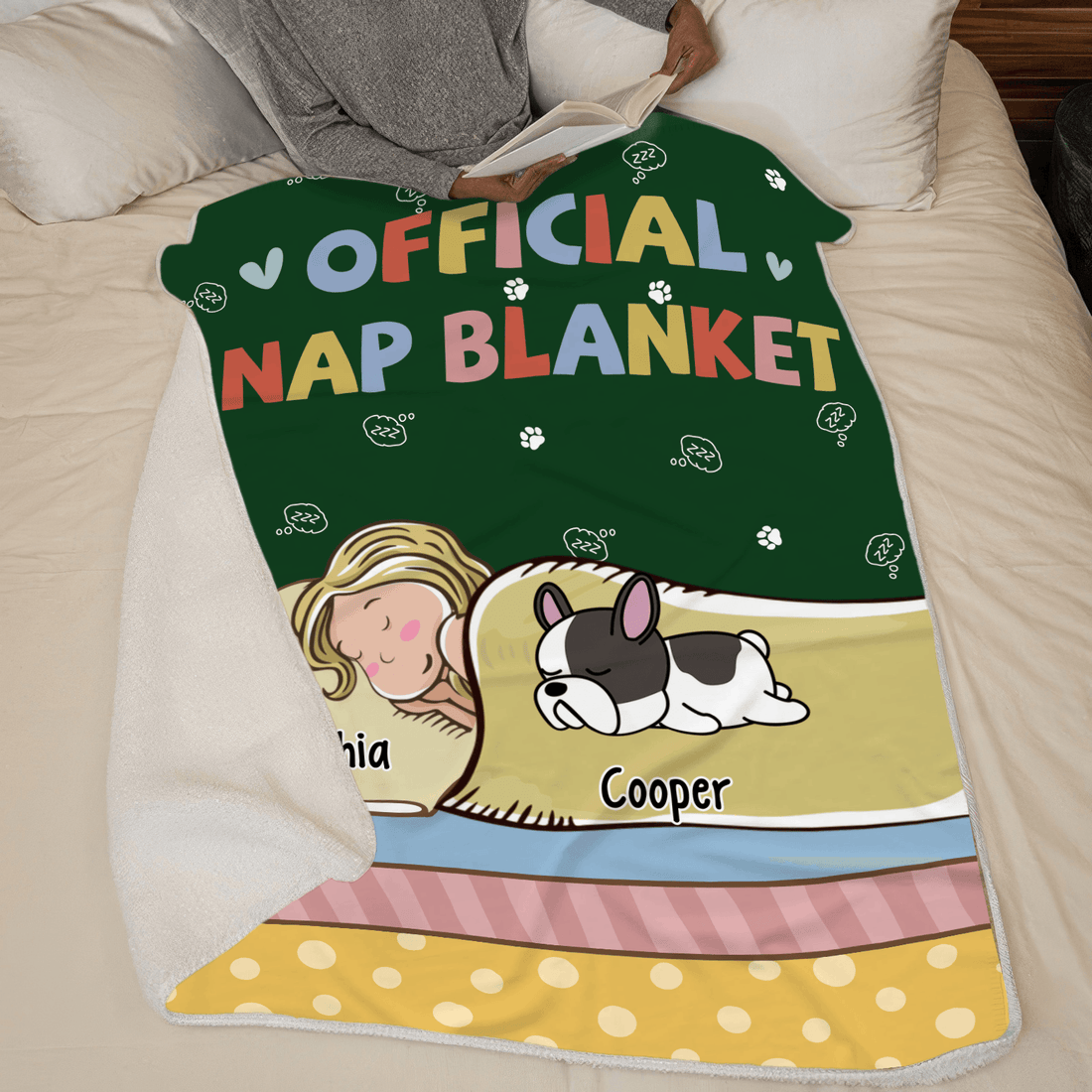 Personalized Official Nap Blanket fleece blanket, spread across a bed
