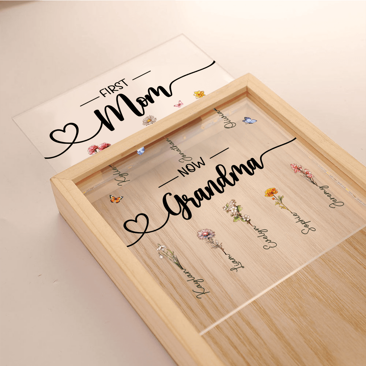 Custom Birth Month Flower First Mom Now Grandma - Personalized Frame Light Box - LED Night Lamp, Mother's Day, Birthday, Loving, Funny Keepsakes/Gift for Grandma/Nana/Mimi, Mom, Wife, Grandparent - Suzitee Store