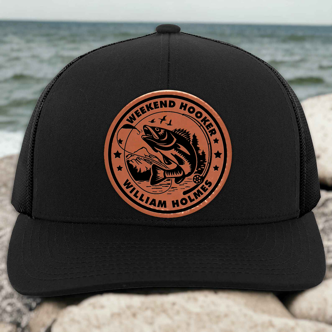 Personalized Weekend Hooker Funny Fishing leather patch hat, alternate view 3